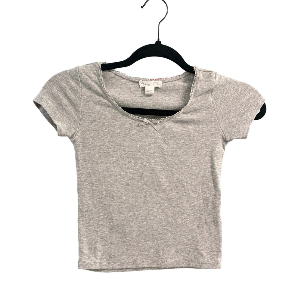 Full‎ Tilt Heather Gray Lace Trim Bow Baby Tee Size Small Tillys Y2K Coquette